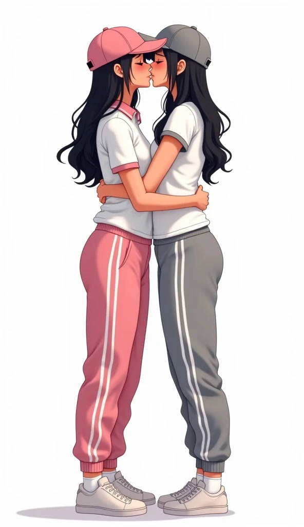 Two girls long black hairs, yuri, lesbian
The first girl wear a white polo shirt pink shirt collar pink sleeves, pink cap, pink adidas sweatpants with three white stripes.
The second girl wear a white polo shirt grey shirt collar grey sleeves, grey cap, grey adidas sweatpants with three white stripes.
They are wear the white socks and white adidas sneakers. The hem of their shirt was tucked into their pants.
french kiss, lesbian kiss, hugging, sensual body, closed eyes, white background, novel cartoon, 4K, HD