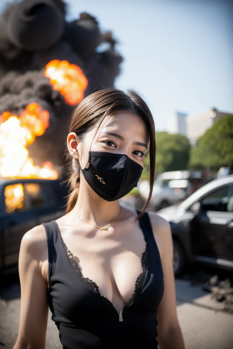 Woman in burning junkyard with wounds, blood, mask and explosion in Tokyo dust detailed real photo