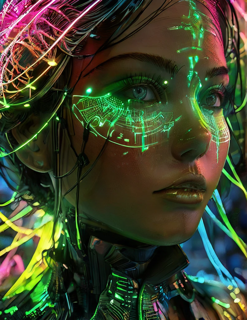 a stunning digital portrait of a woman, ethereal silhouette formed by cascading colorful binary code, electric blues, bright hot pinks, vibrant neon greens, breathe life into the figure, seamless fusion of technology and organic beauty, 8k ultra-detailed, ultra high resolution, masterpiece, by Yukisakura, cinematic dramatic lighting, photorealistic, hyper-realistic, extremely detailed, sharp focus, intricate patterns, dynamic lines, digital dance, futuristic, cyberpunk, attention to detail, Ultra HDR, extreme contrast of shadowed face and bright digital light. Neon Green irises with hot pink lines accenting the dents between the irises and pupils. Cinematic Portrait, realistic, cinematic photography, octane rendering, trending on art station, attention to facial details, hyper accelerated A.I., Masterpiece