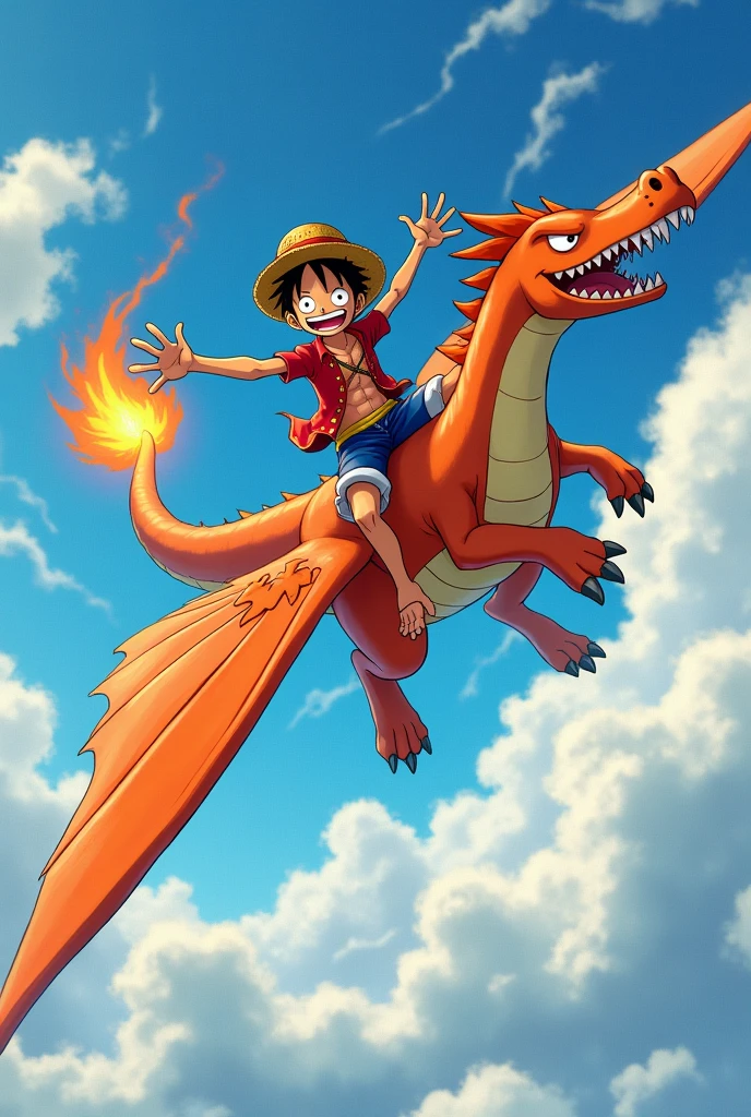 Monkey D Luffy flies on Charizard

