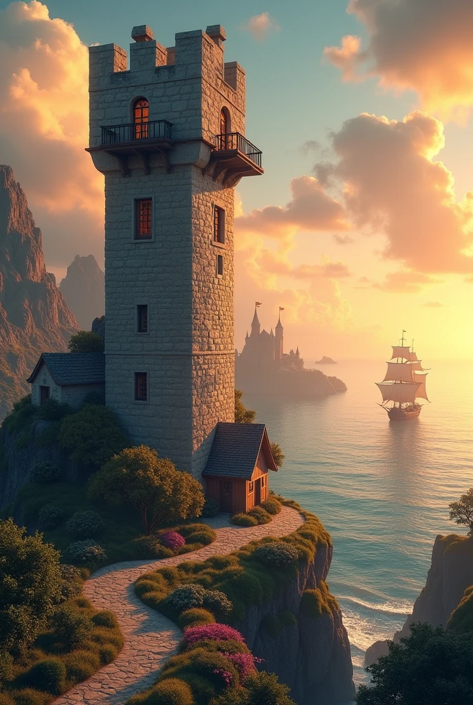 Create a landscape with a tall, rustic, rocky tower , The tower will only have a small window at the top and a balcony. , without door (Tangled movie style) near a rustic house , In the background an ocean with a pirate ship floating  , a castle further in the background near a sunset.