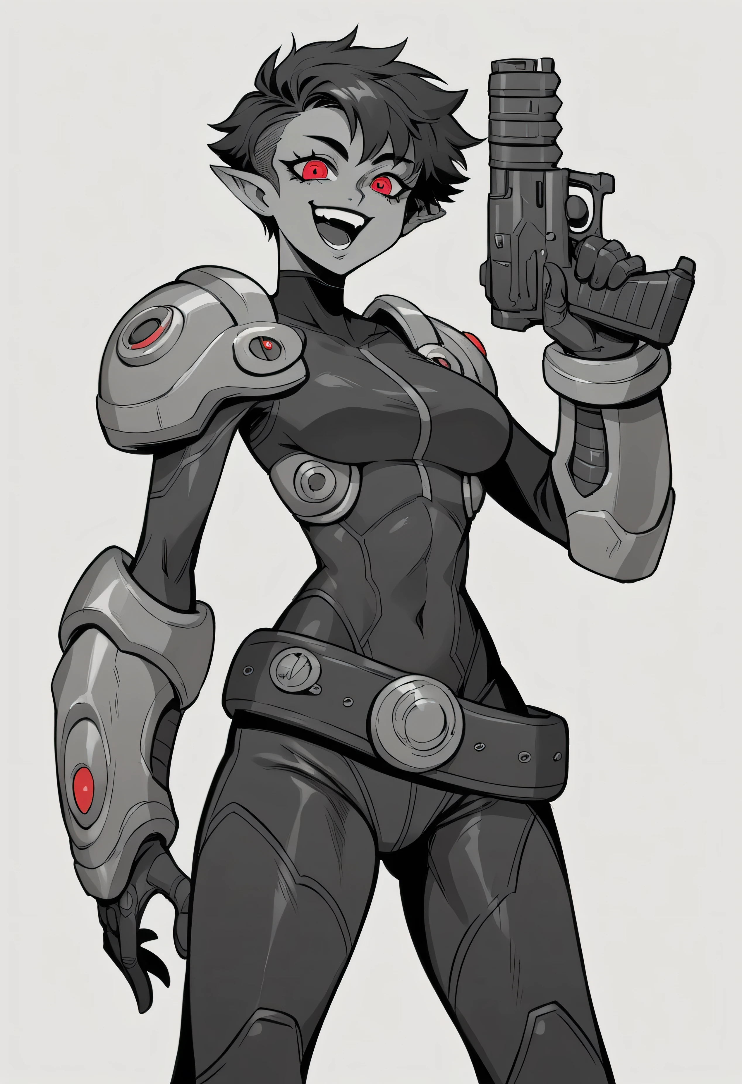 {4k image}, 1 Beautiful female humanoids, gray skin, pointed ear, pixie hair, red eyes,fit athletic build,black and white bodycon jumpsuit, high-tech armor,she armed, , dimple,,manga lineart (with colors), {face view}, {centered image}, dark, sadic evil smile,laughing ,belt around the waist, alien gun