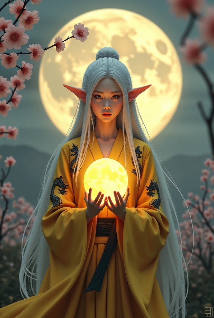 A beautiful young Asian woman with flowing silver hair and delicate elf ears stands amidst a tranquil natural landscape. She wears an elegant yellow kimono decorated with intricate black dragon patterns. She holds a glowing golden moon gracefully in her hands. Her calm expression suggests that she has some mysterious power. Cherry blossom branches fill the frame of the scene, and a larger moon hangs high in the dusky sky behind her.
