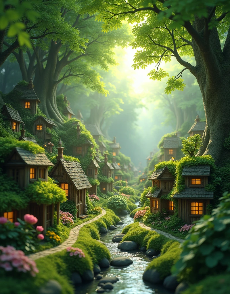 a tiny city under clover forest, many small houses cover by the greens, ray of sunlight, small road, small river