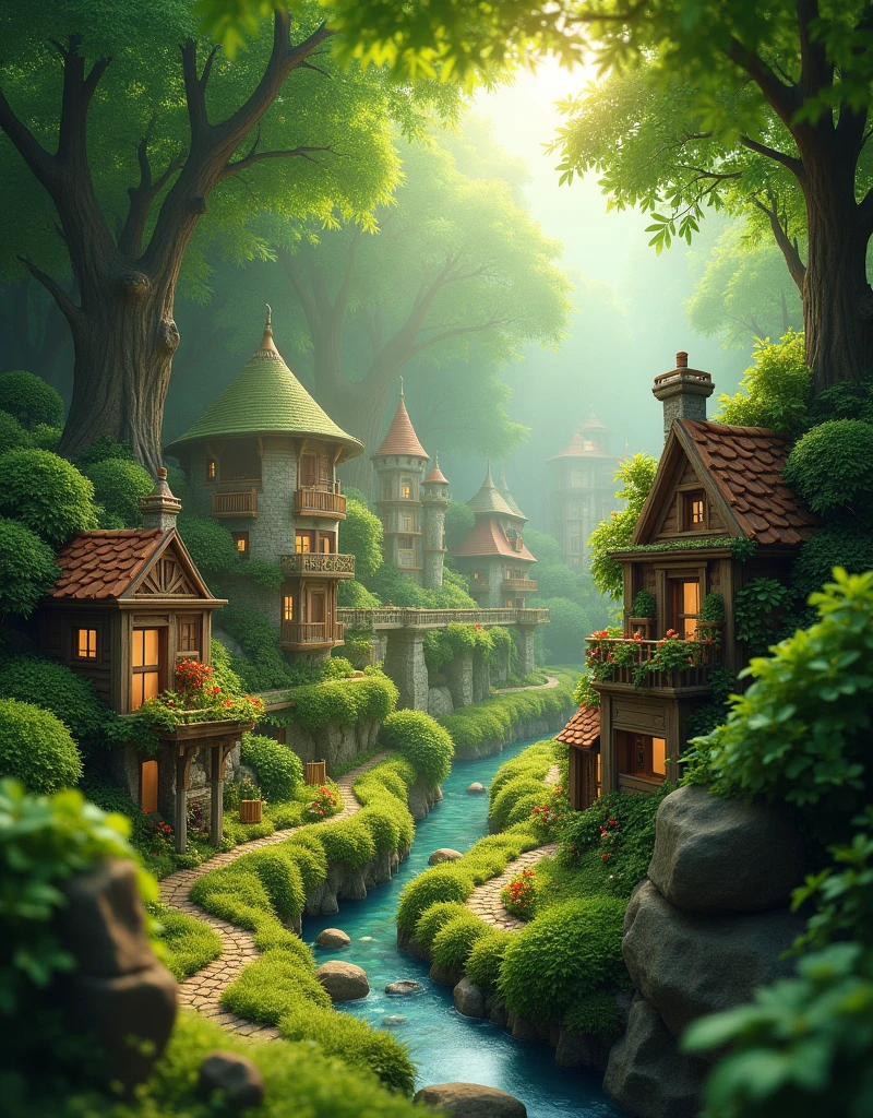 a tiny city under clover forest, many small houses cover by the greens, ray of sunlight, small road, small river