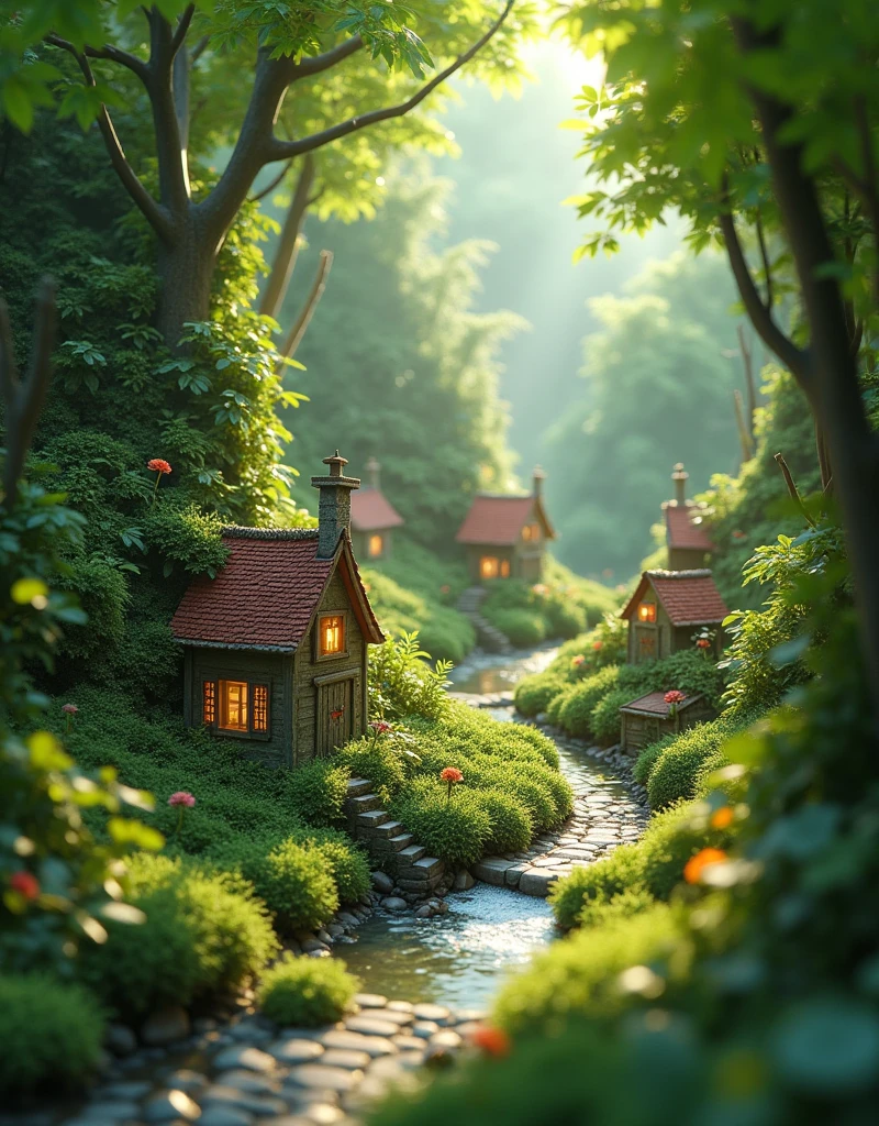 a tiny city under clover forest, many small houses cover by the greens, ray of sunlight, small road, small river