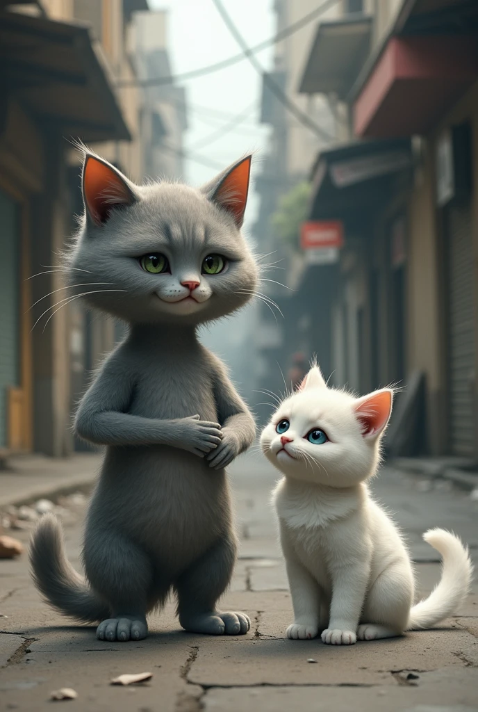 Adult Gray cat he is on the street he is like a human hands like a human. The gray cat woke up with his wife, she is white

