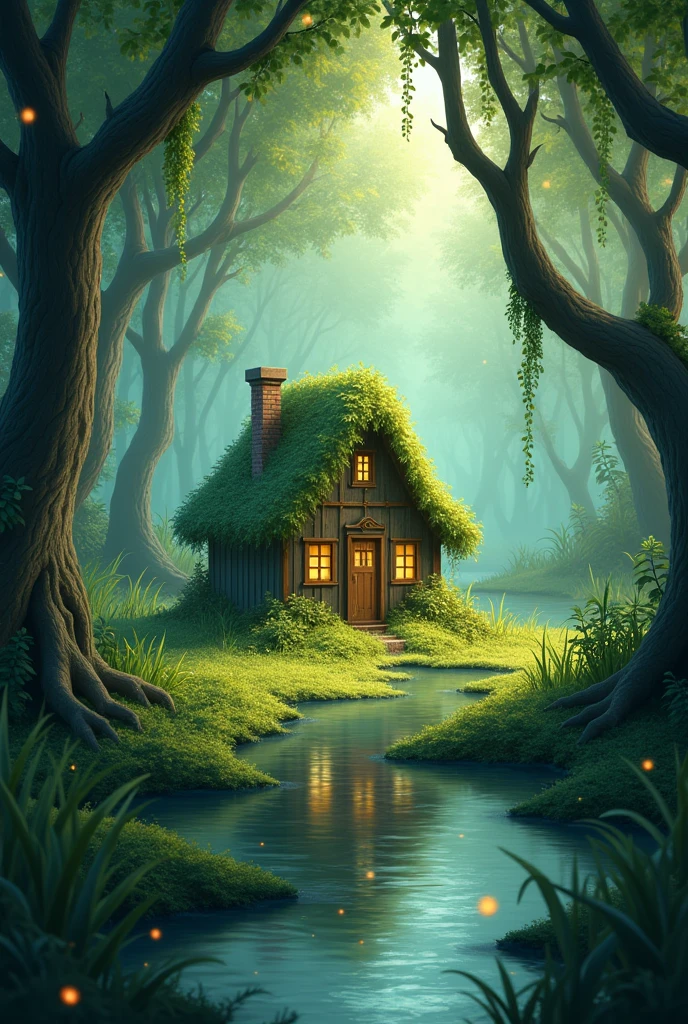 Animated swamp landscape with a little house