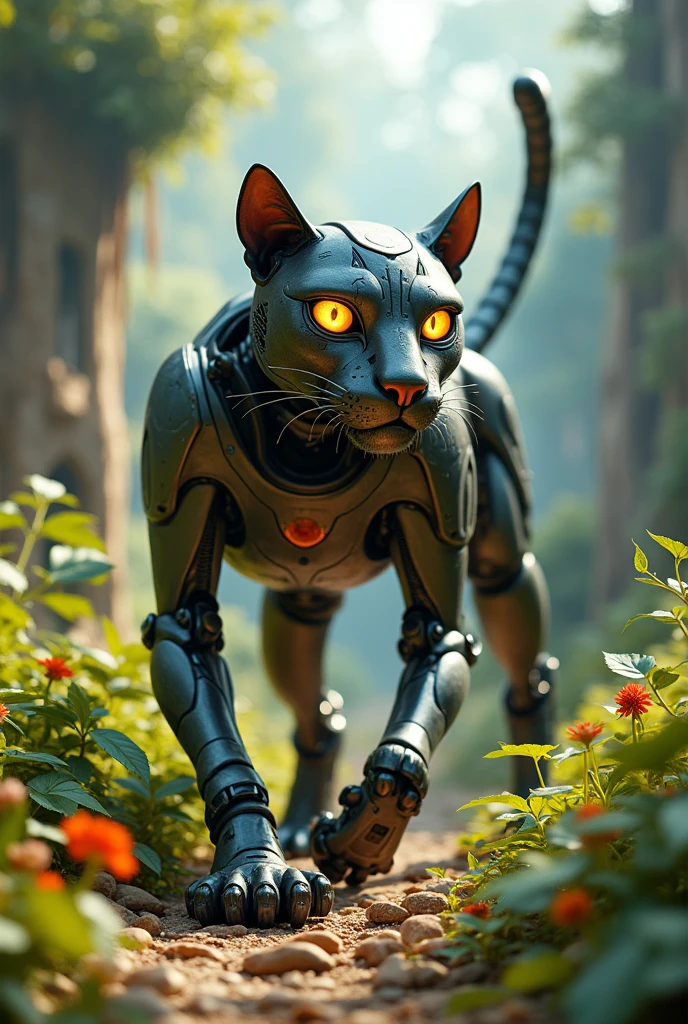 Humanized robot panther in the style of Wall-E