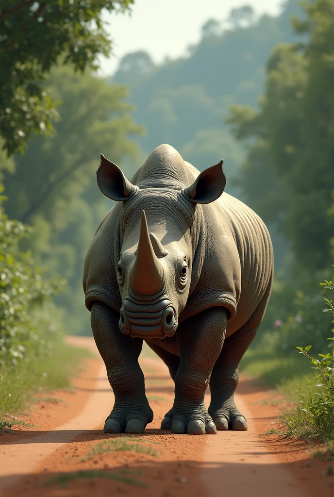 A rhinoceros standing in the road