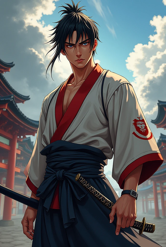 A male wearing samurai clothes sweat handsome good age 20 manga character