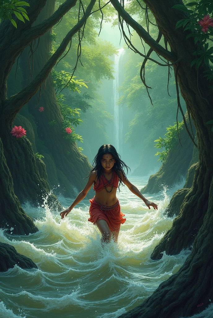 Indian girl drowning in flood water, surrounded with rivers and jungle