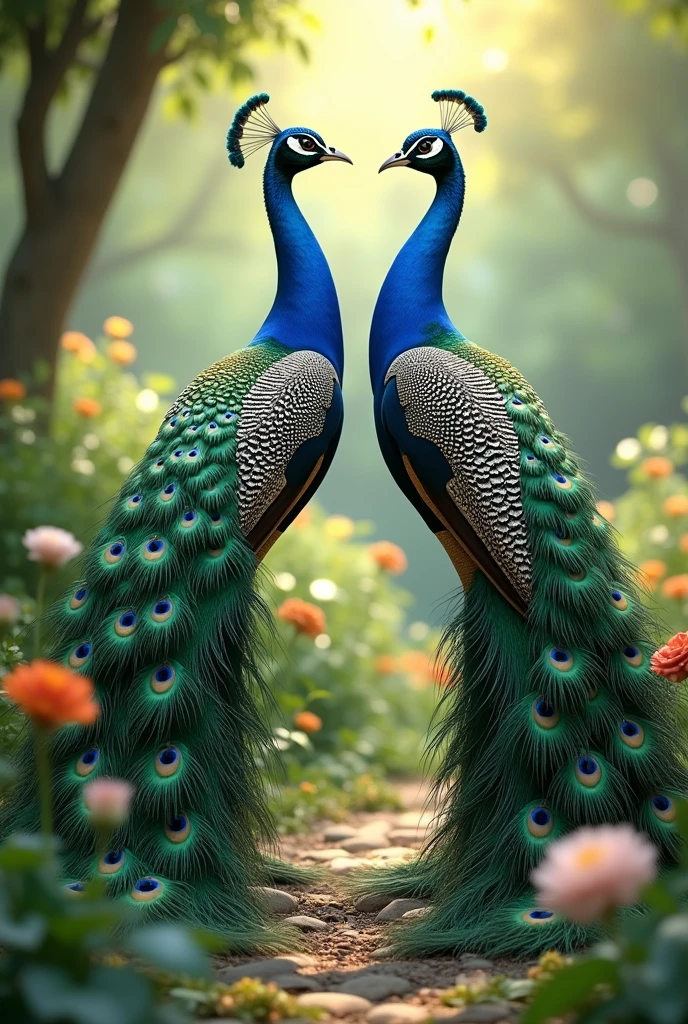 Create a beautiful image of two peacocks facing each other