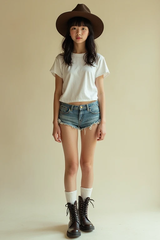 ((Highest quality)), ((masterpiece)), (detailed), One girl, Sexy 70&#39;s Japanese elementary school girl dressed as a beautiful.,she is cute and beautiful like an idol.,She is pure and innocent.,She is wearing a white T-shirt,Extremely short, tight, and skinny denim shorts,High socks and sneakers.Ten-gallon hat,Western Boots

