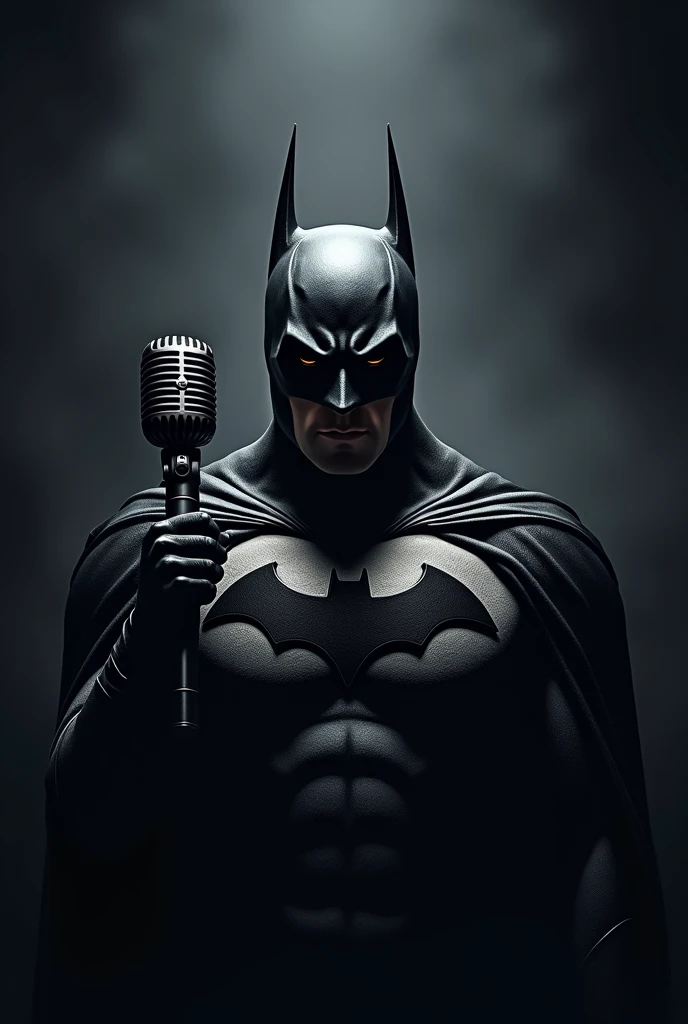 Escribe un logotipo que tenga la cara de batman conun microfono En eso. the color can be monochrome or something dark color but has light color too as long as it will emphasize the power of batman a holding the micro in the air