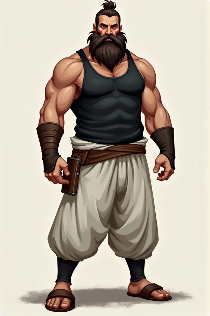 ( tabletop RPG character icon ) A 2 man with a beard and 1,67 tall, wearing a black tank top and white baggy pants and also wooden slippers similar to those of a ninja in Naruto