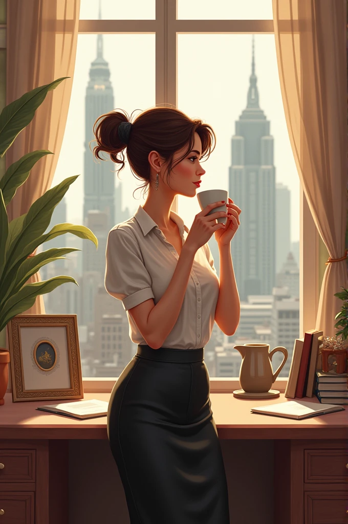 Drawing of a woman drinking coffee in the office