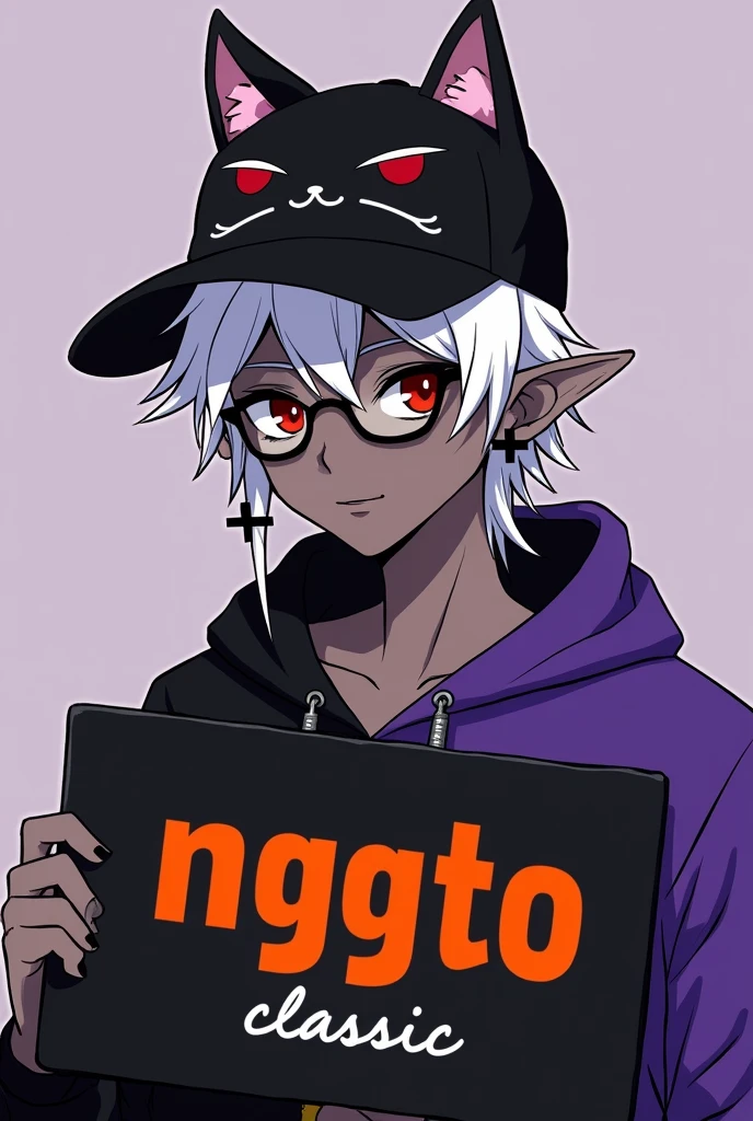 young man, Black skin tone, dark red eyes, elf ear small size, black earring in the shape of a cross but with two ears, wears prescription glasses, White hair, hair tied with ponytail, 2 strands of hair in the front, wears a black cap with a cat face, wears a closed hood with two different colors, black on one side and purple on the other, com um nome laranja Written: NGGTO. Holding a sign with a side cut that divides the colors black and purple, Written: NGGTO Classic