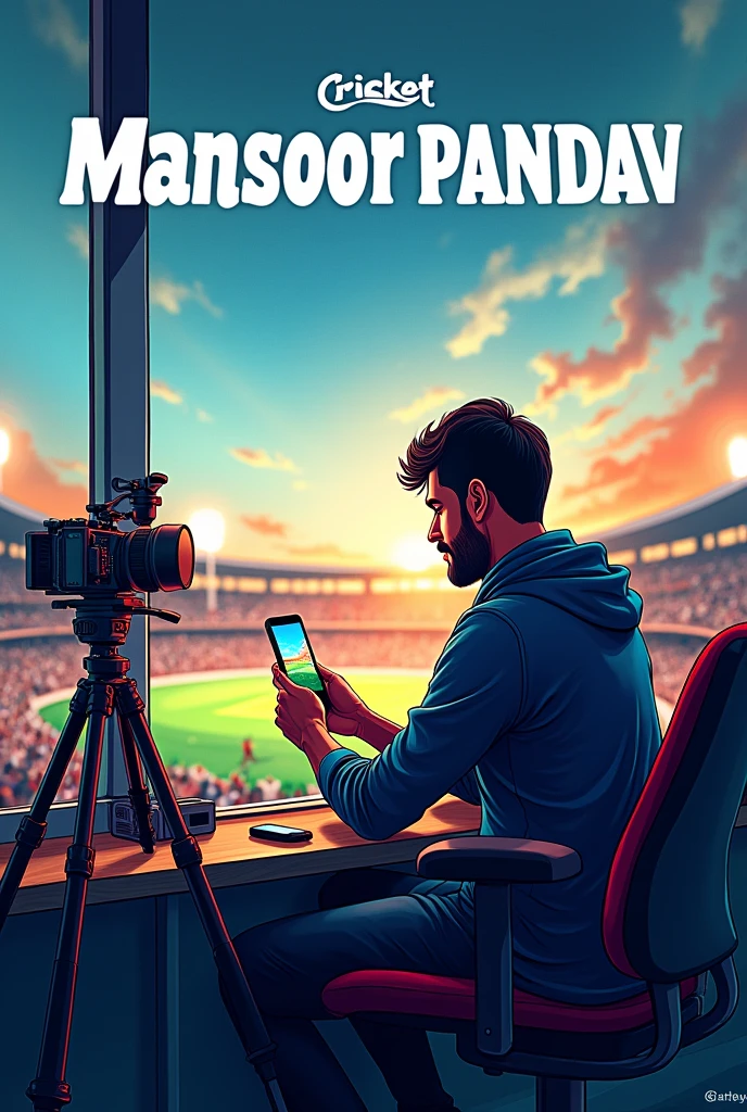 A cricket poster in which name written MANSHOOR PANDAV. Sitting in commentry box
For livestreming of matches with phone and tripod with peoples