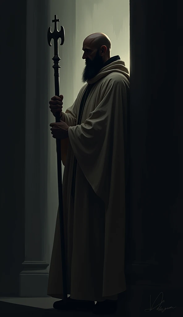 bald bishop, bearded, offwhite, with miter on his head. silhuette. eyeshadows, dark. staff in hand. pointing to jesus christ on the cross.