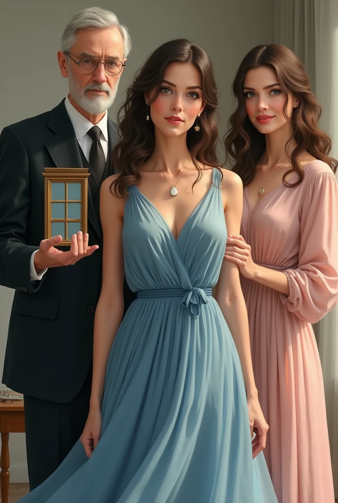 WOMAN IN A ROOM LOOKING FORWARD , wearing a BLUE FLOSSY DRESS , STANDING showing her natural charm and ADULT personality.  A LITTLE BEHIND HER, ARE YOUR PARENTS. BEHIND YOUR BACK ON YOUR RIGHT IS YOUR FATHER, AN ELEGANT MAN WHO APPEARS MUCH OLDER, HOLDING A SMALL "window".  BEHIND TO YOUR LEFT IS YOUR MOTHER, A WOMAN WHO LOOKS MUCH OLDER, FEMININE AND ELEGANT, HOLDING A HEART-SHAPED PENDANT.. SENA BRINGS LOVE .