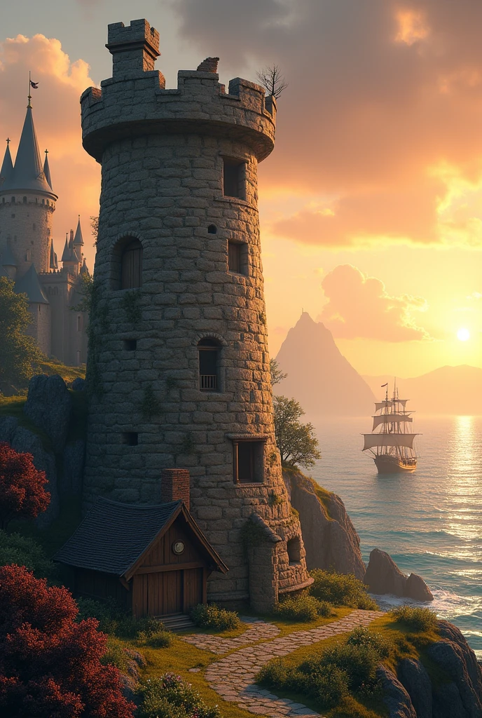 Create a landscape with a tall, rustic, rocky tower , The tower will only have a small window at the top and a balcony. , without door (Tangled movie style) near a rustic house , In the background an ocean with a pirate ship floating  , a castle further in the background near a sunset.