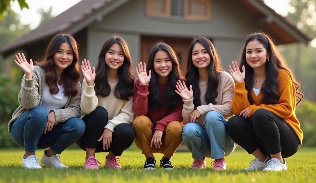 5 Beautiful Indonesian Women, his body is quite fat, fair skin, big nose, long wavy hair, wearing a sweater jacket, long pants, wearing pink sneakers, squatting on the grass, his hands in front and waving, happy faces all facing the camera, in front of the country house, morning mood, minimal defects, very detail, realistic, 8K picture