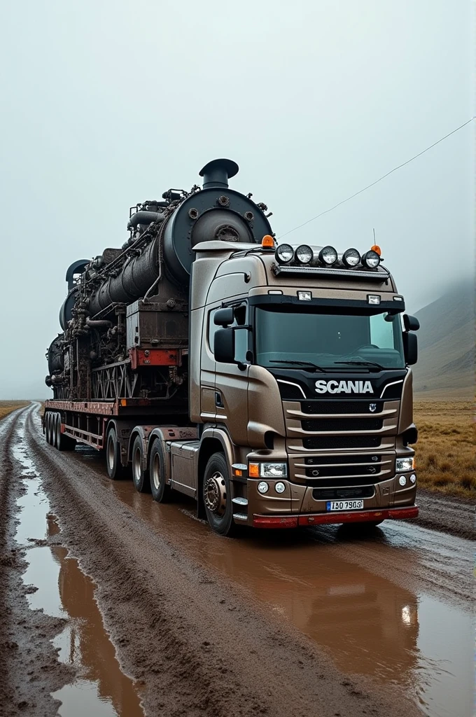 A Scania Stream Struck Hauling A hug Train Engine in Muddy watery Road on heavy Trailer