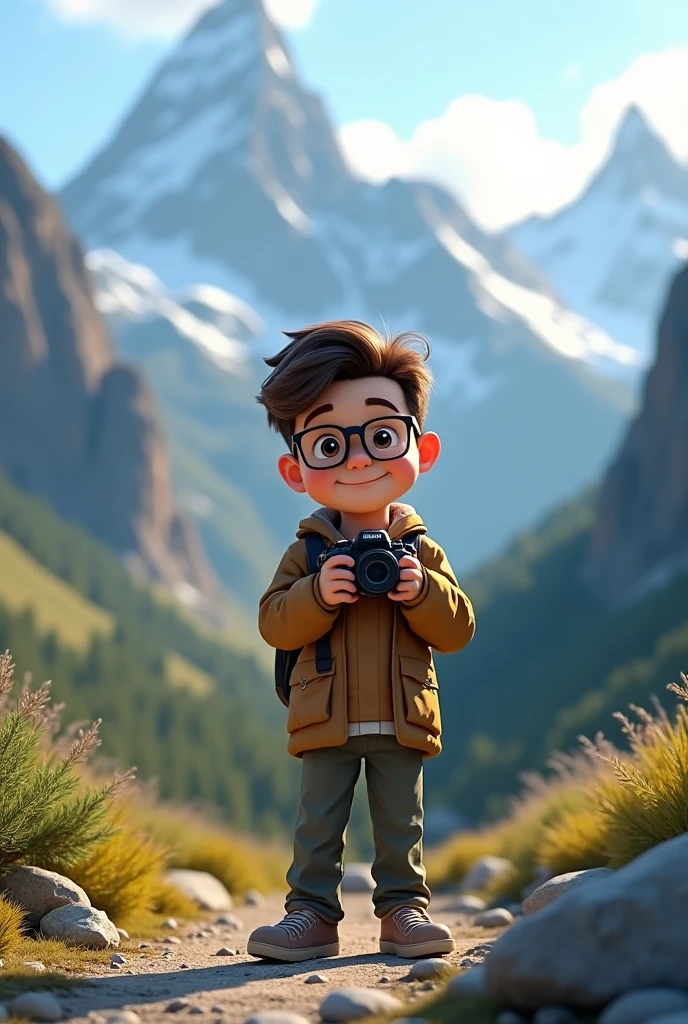 a boy without beard carry a camera in mountain with glasses
in close range