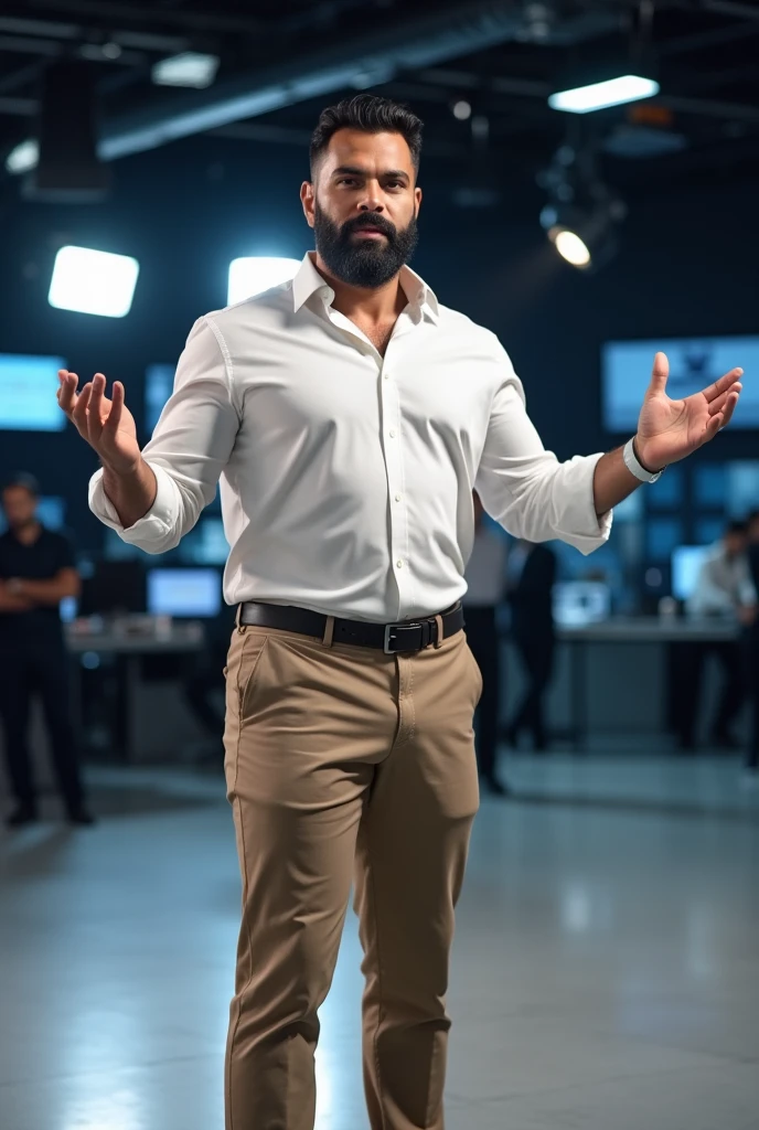 There is a muscular, bearded, mixed-race Brazilian man in a white dress shirt, Khaki Pants, Bulge, Protruding, black shoe, looking at a cameraman, gesturing, in a TV news, in a large journalism studio of a TV channel.
