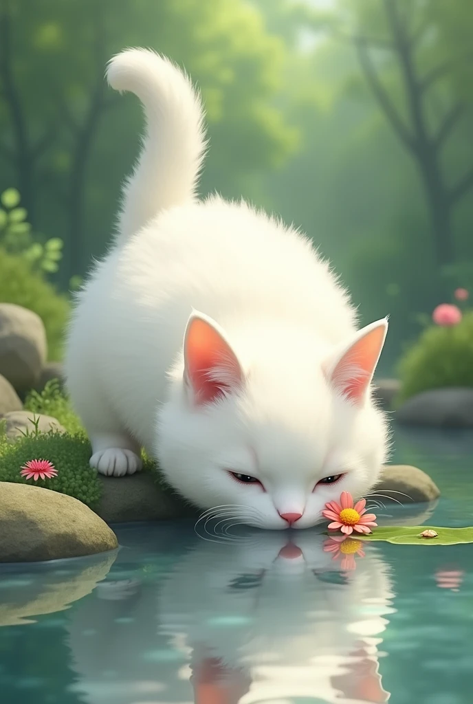 a white cat with a flower drinking water