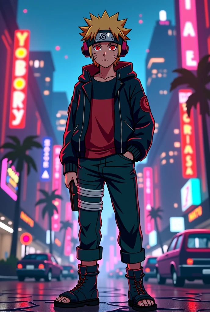 portrait, neon, 1 boy, shonen style, spiky blonde hair, scratches on cheeks, black and red clothing, leather jacket, jeans, boots, bandana with leaf symbol, perfect eyes, cool, blue eyes, full body, color --name Naruto Uzumaki --night background city with futuristic buildings and holograms add headphones and eyes is Red