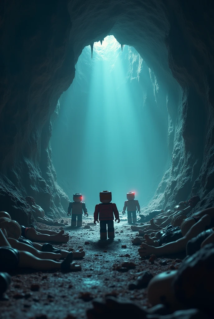 Make Me thumbnails for my game that is explore the cave and escape out oxygen tank on the person and also our bodies in cave that died due to lack of oxygen and water or food and also use Roblox characters put the bodies on the ground