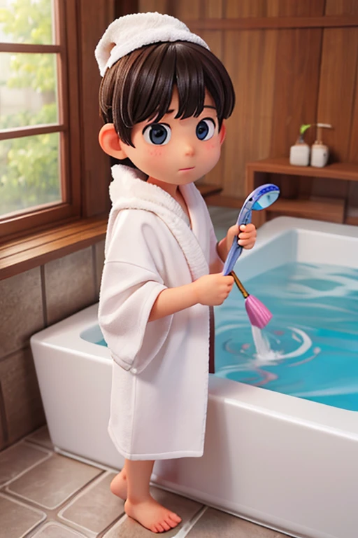 ９age、male、Large head、bath towel、