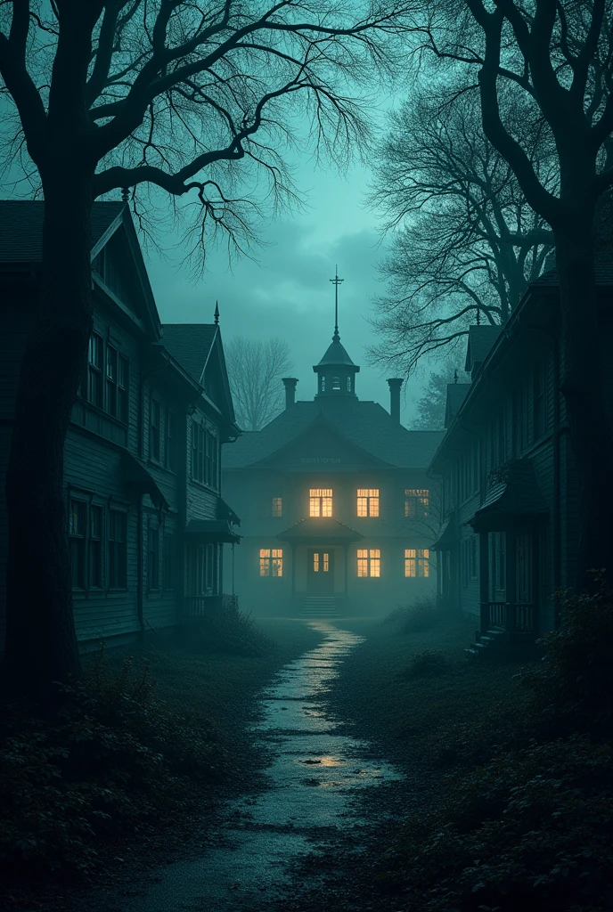 A housing estate in the middle of the forest, there are buildings on the left and right and the school is in the middle, everything looks very enchanted and spooky