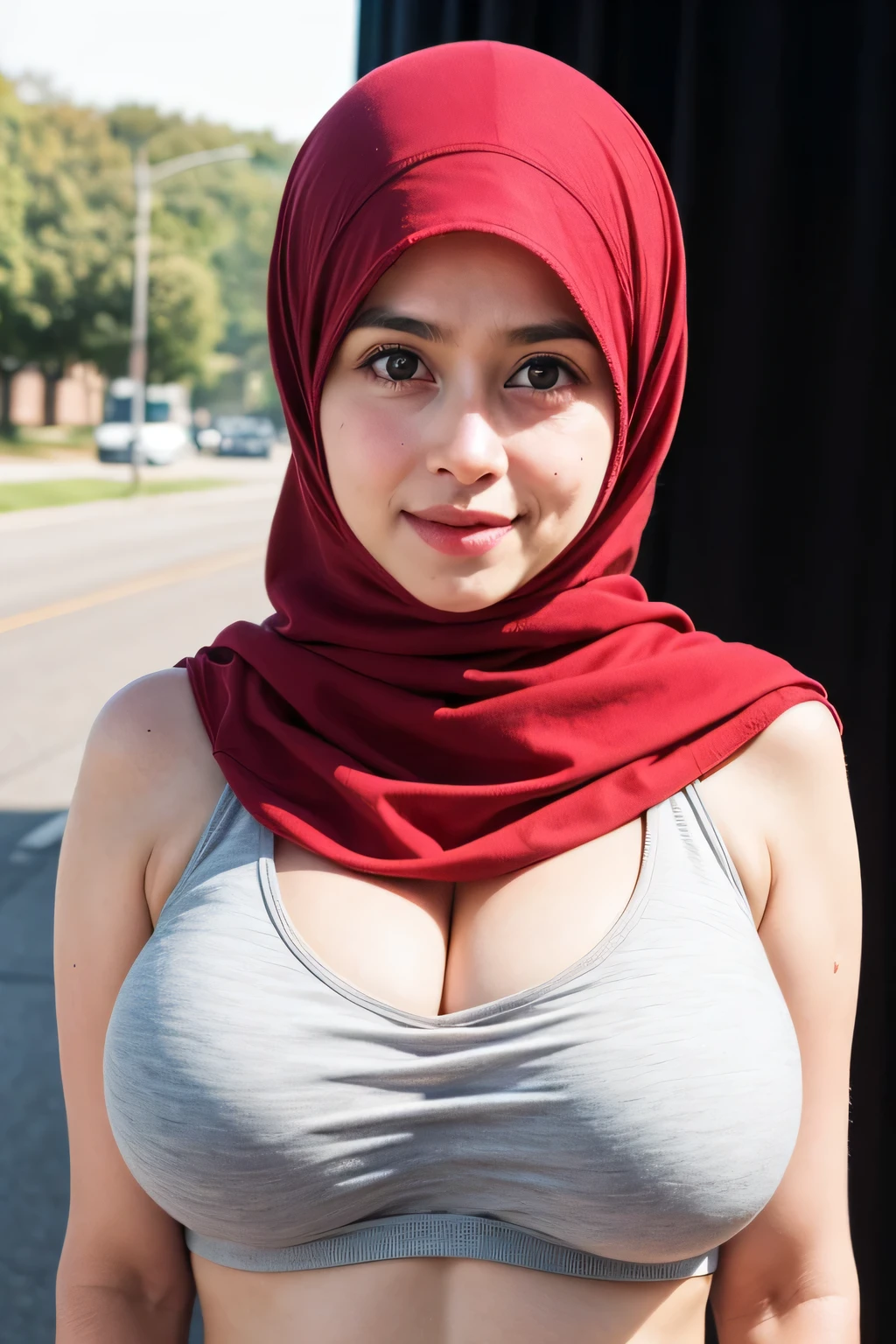 (Naked SEXY brown Hole Sports Bra), Chubby adorable, 1 girl, (face to face), ((baby face)), SADNESS, half body portrait, (face details: 1), (eye details: 1), ((biggest breasts:1.5)). wearing transparent transparency soft soft, ((hijab)), .. Cute posed. proportional body. Ultra High Res. realistic: 1.4, UHD,