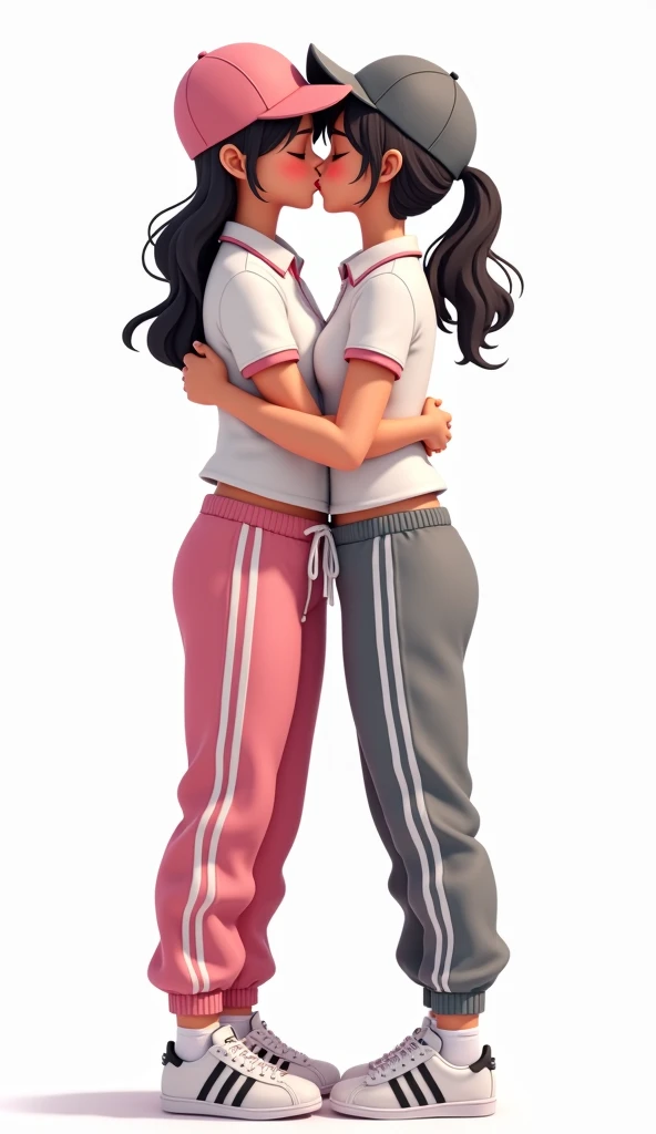 Two girls long black hairs, yuri, lesbian
The first girl wear a white polo shirt pink shirt collar pink sleeves, pink cap, black underpants, pink adidas sweatpants with three white stripes.
The second girl wear a white polo shirt grey shirt collar grey sleeves, grey cap, black underpants, grey adidas sweatpants with three white stripes.
They are wear the white socks and white adidas sneakers. The hem of their shirt was tucked into their pants.
french kiss, lesbian kiss, hugging, sensual body, closed eyes, white background, novel cartoon, 4K, HD