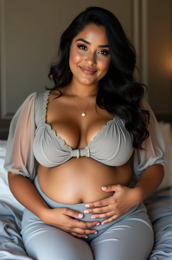 masterpiece, High resolution, full body image,Depth of written limit, Beautiful chubby Korean teen girls, , by the wide, Sexy high white lingerie,Slide the shoulder strap,striking makeup, large and sagging breasts , beautiful face, perfect body, A voluptuous mature white woman with large breasts and a rear end. She has black hair in a bun, She is only wearing a short-sleeved blue t-shirt, In a hotel room(masterpiece), best quality, expressive eyes, perfect face.