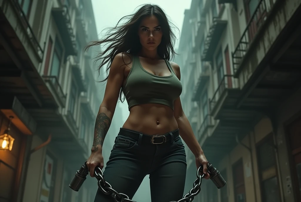 A very dangerous woman with a chain in her hand 