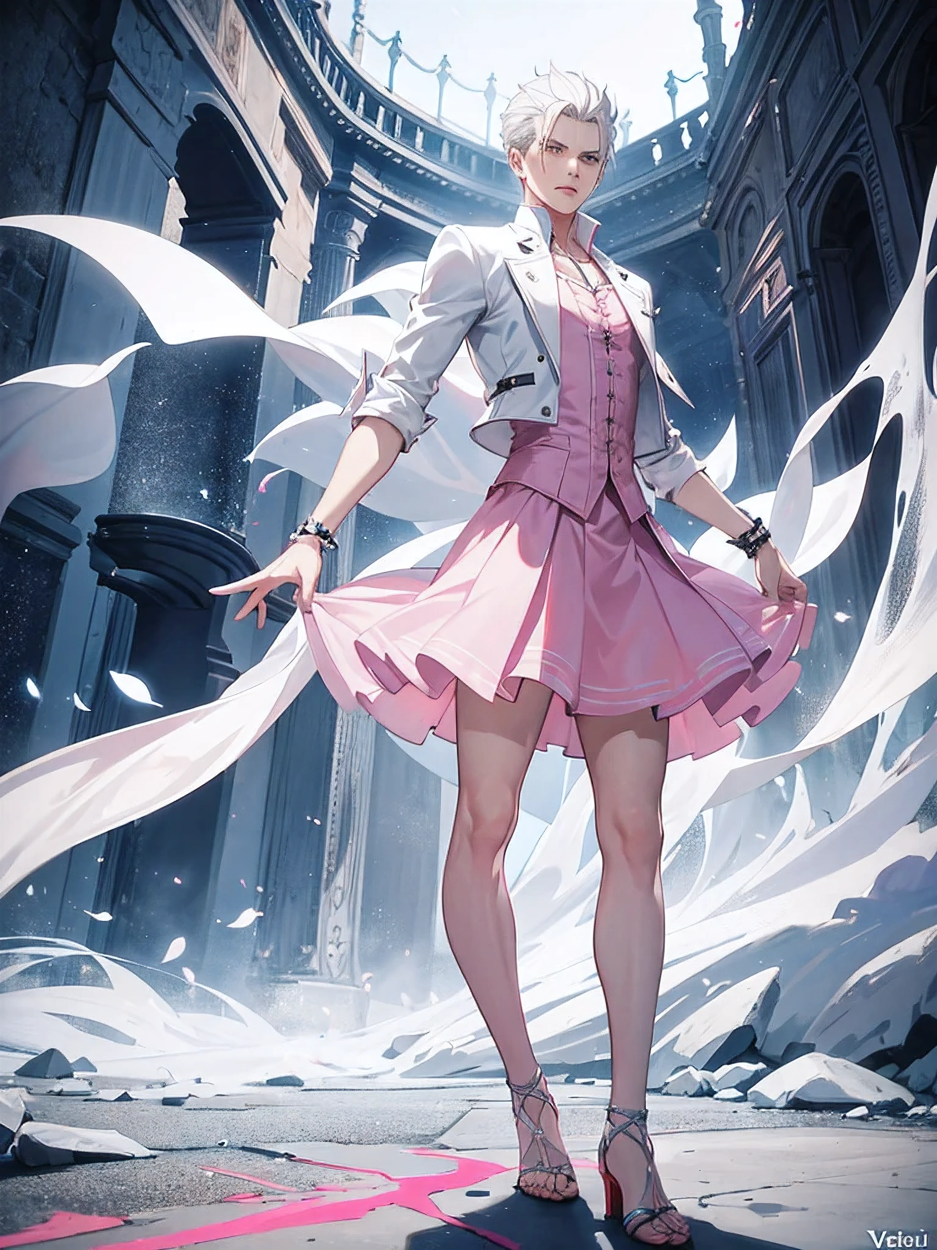 Vergil Devil may cry with white hair Wearing a pink dress Skirt And with heels man