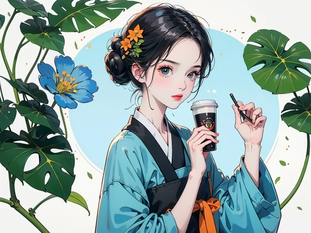 color，girl ，Coffee cup，Cat，Black Hair，Simple drawing method、green，blue，orange color，illustration，green植物，A small number of flowers，Clean background