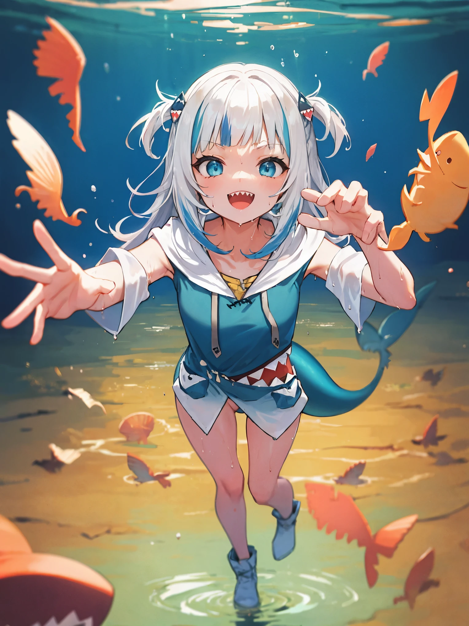 2d, masterpiece, best quality, anime, highly detailed, full body, 1girl, solo, gura_hoodie, blue hoodie, shark hood, standing, :d, sharp teeth, in_deep_sea_background , underwater_landscape,,bubble.happy,dynamic_floating_pose,rise_hands,open_legs, naked_legs,wet,claw_pose,tail,evil_smile,