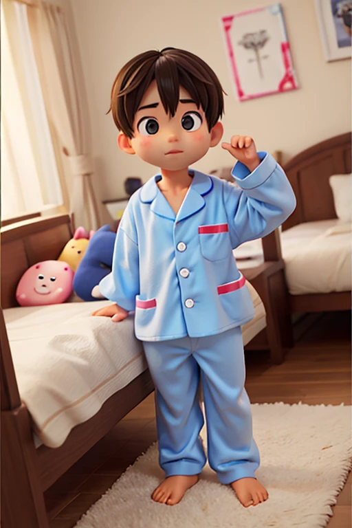 9age、male、Large head、pajamas、