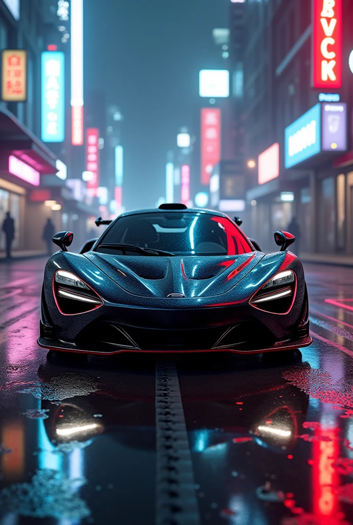 McLaren P1 with black bodikit in siberpunk city with neon lights and wet ground