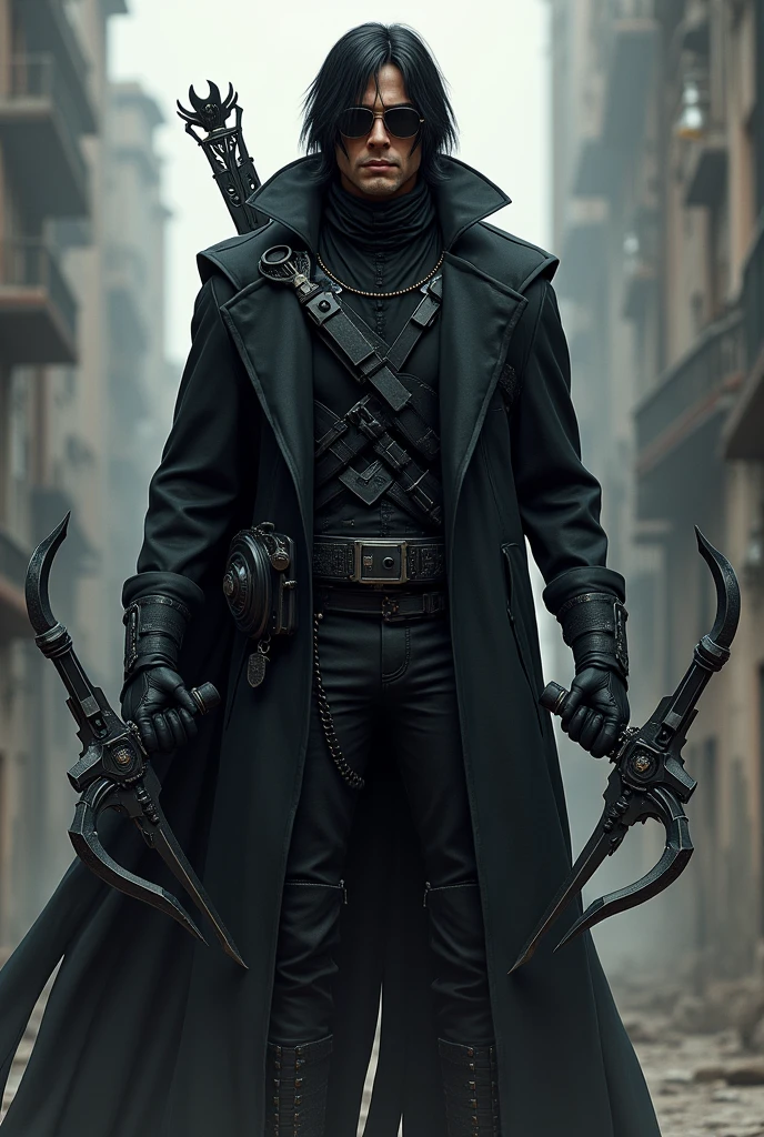 A detailed digital illustration of a male monster hunter, wearing all black clothing including a long black coat, black hair, and black sunglasses. He is holding two crossbows, one in each hand, and has two medium-sized swords holstered on his waist.”