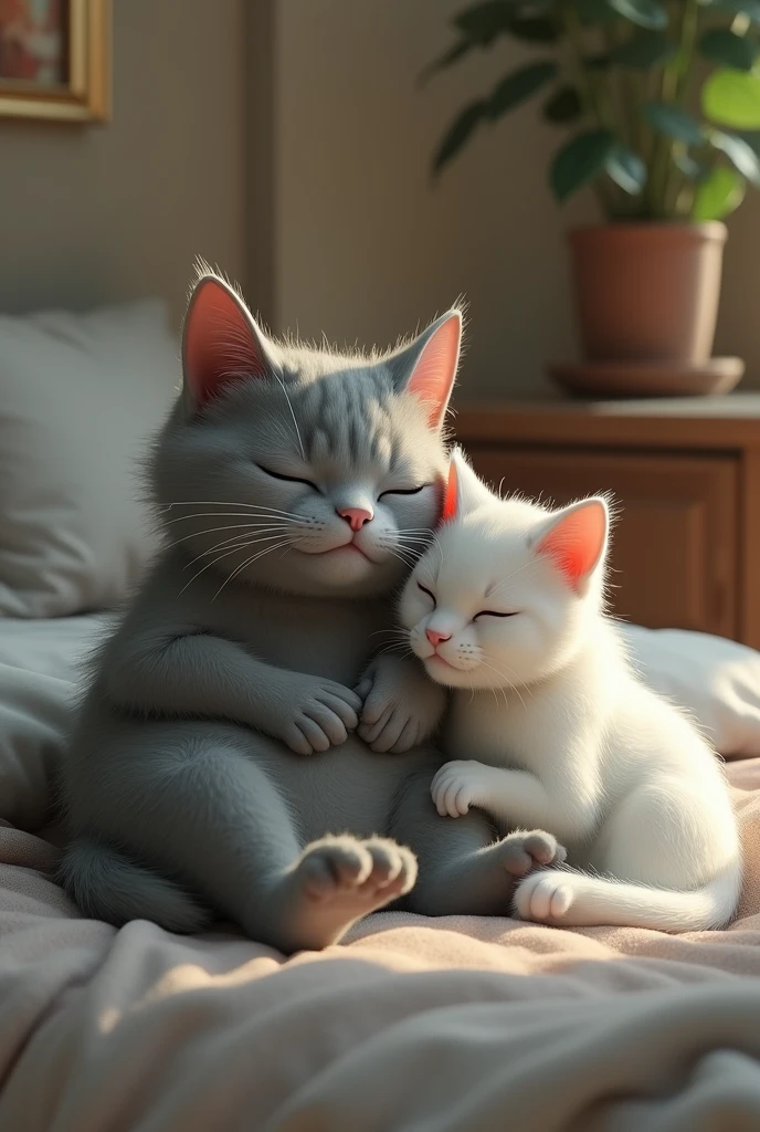 Adult Gray cat he is on the street he is like a human hands like a human. Gray cat woke up with his wife she is white in bed in the house