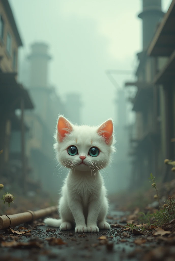 a white cat standing ,cute character,very cute and childlike,dystopia