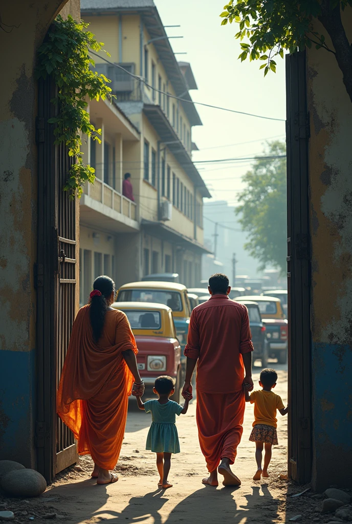 indian parents with their kids entering in a worst conditioned school with cracked walls
on a big wide road with heavy traffic