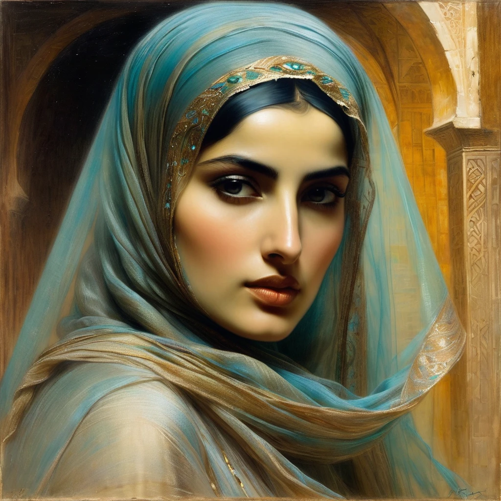 Painting of a woman with a veil on her face, Gaetano Previati, inspired by Theodore Ralli, Philippe de Laszlo, Orientalist, Painting Orientalism, Louis Royo, wearing a translucent veil, Maria Fortuna, veiled, detailed face of an Arab woman, inspired by Adolf Hiremi-Hirschlem