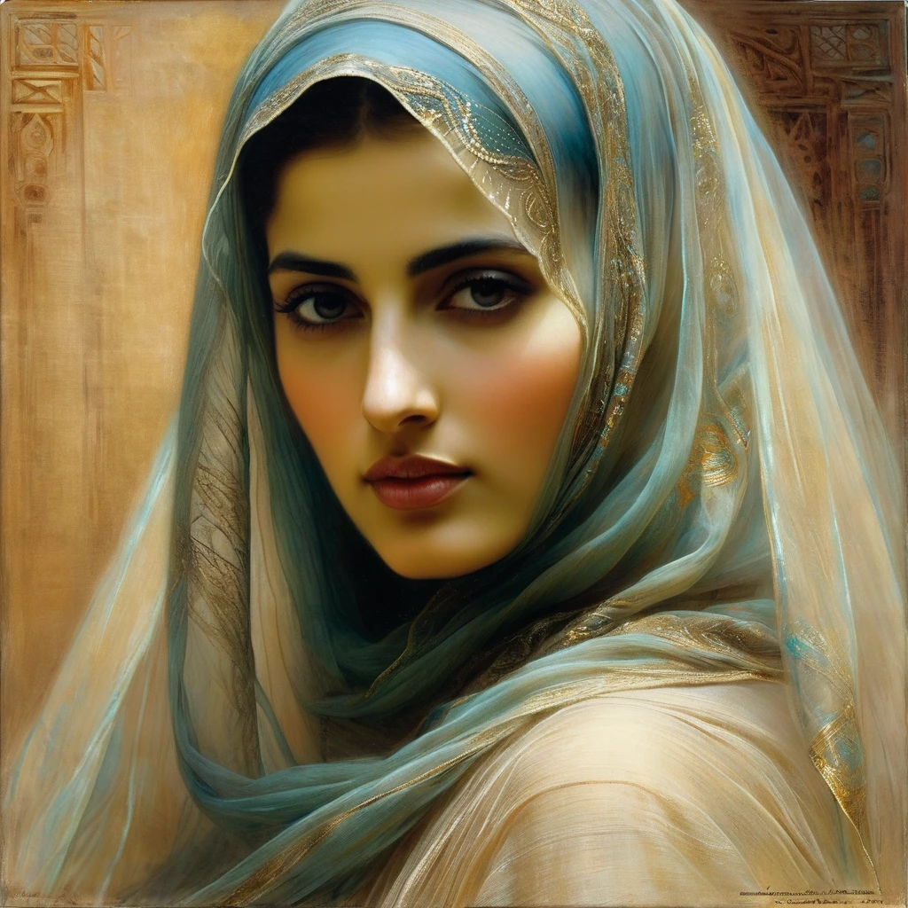 Painting of a woman with a veil on her face, Gaetano Previati, inspired by Theodore Ralli, Philippe de Laszlo, Orientalist, Painting Orientalism, Louis Royo, wearing a translucent veil, Maria Fortuna, veiled, detailed face of an Arab woman, inspired by Adolf Hiremi-Hirschlem